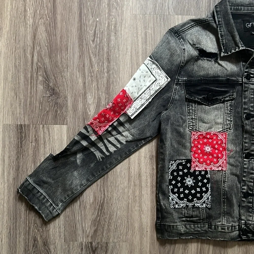 Giftd Tour Black and Red Jean Jacket Bandana Handmade Distressed Denim Large